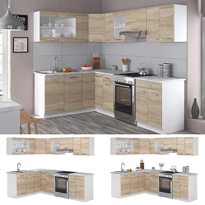 Vicco Eckküche Rick Weiß/Sonoma, AP Marmor - B x T: 250 x 60 cm, Sonoma, Ohne Elektrogeräte - Eckküche mit hellen Holzmaserungstüren, weißen Rahmen, Spüle und Platz für Geräte.