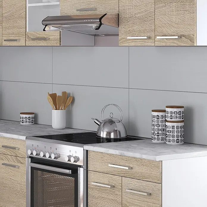 Vicco Eckküche Rick Weiß/Sonoma, AP Marmor - B x T: 250 x 60 cm, Sonoma, Ohne Elektrogeräte - Moderne Küche mit hellen Holzfronten, weißer Marmorarbeitsplatte und integrierten Edelstahlgeräten.