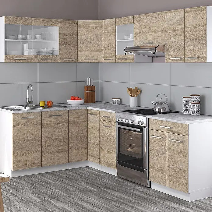 Vicco Eckküche Rick Weiß/Sonoma, AP Marmor - B x T: 250 x 60 cm, Sonoma, Ohne Elektrogeräte - L-förmige Küchenzeile mit hellen Holzmaserungsfronten, weißen Rahmen, Marmoroptik-Arbeitsplatte, Spüle und Herd.