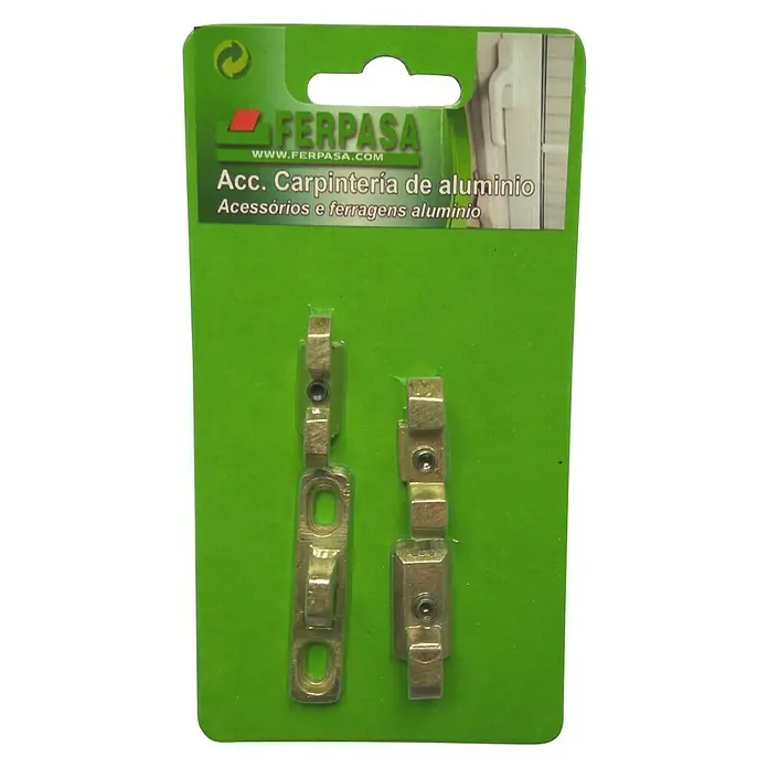 Cierre de seguridad para ventanas - 4 ud. - Accesorios de aluminio Ferpasa: Un conjunto de accesorios de aluminio para carpintería, empaquetado en una tarjeta verde.