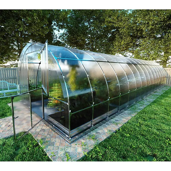 Klasika Greenhouses Gewächshaus Tube Klasika - Außenmaß inkl. Dachüberstand (B x T): 300 x 1.000 cm, Material Seitenwand: Kunststoff, 4 mm, Silbergrau - Großes gewölbtes Gewächshaus aus transparenten Stegplatten und Metallrahmen, mit offener Tür.