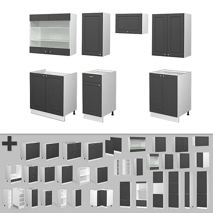 Vicco Küchenzeile Fame-Line Anthrazit-Gold/Weiß, AP Eiche - Breite: 240 cm, Anthrazit-Gold, Ohne Elektrogeräte - Kollektion modularer Küchenschränke mit dunkelgrauen Türen und weißen Korpus, inklusive Wand-, Unter- und Hochschränken.