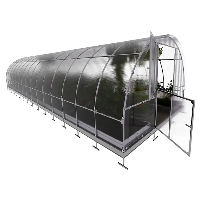 Klasika Greenhouses Gewächshaus Tube Klasika - Außenmaß inkl. Dachüberstand (B x T): 300 x 1.000 cm, Material Seitenwand: Kunststoff, 4 mm, Silbergrau - Transparentes Tunnelgewächshaus mit silbernem Metallrahmen und geöffneter Tür, zum Pflanzenanbau.