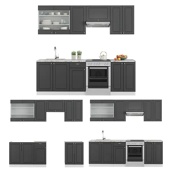 Vicco Küchenzeile Fame-Line Anthrazit-Gold/Weiß, AP Eiche - Anthrazit-Gold, Ohne Elektrogeräte - Modulares dunkelgraues Küchenschrank-Set mit Arbeitsplatten in Marmoroptik, integriertem Backofen, Spüle und Hängeschränken. Mit offenen Regalen und Abzugshaubenplatz.