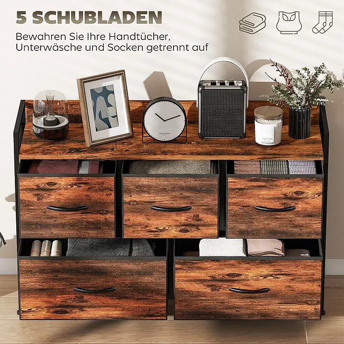 Homcom Kommode 1-teilig - Rustikal braun, Anzahl Schubladen: 5 Stk. - Rustikale Kommode mit 5 Stoffschubladen im Holz-Look und dunklem Metallrahmen, zum Ordnen von Handtüchern, Unterwäsche und Socken.