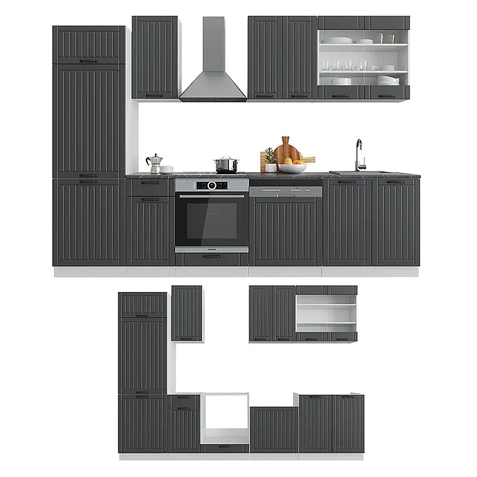 Vicco Küchenzeile Fame-Line Anthrazit Landhaus/Weiß, AP Eiche - Breite: 300 cm, Anthrazit Landhaus, Ohne Elektrogeräte - Dunkelgraue geriffelte Küchenschrank-Garnitur mit integriertem Backofen, Geschirrspüler, Spüle und Dunstabzugshaube.
