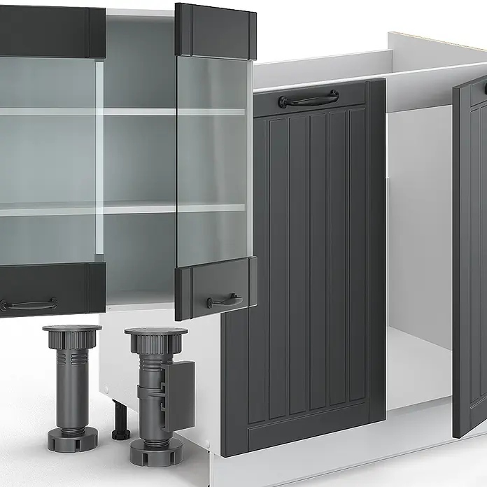 Vicco Küchenzeile Fame-Line Anthrazit Landhaus/Weiß, AP Eiche - Breite: 300 cm, Anthrazit Landhaus, Ohne Elektrogeräte - Dunkelgraue Küchenschränke mit Glas- und Holztüren, weißen Innenräumen und verstellbaren Füßen. Zerlegtes System.