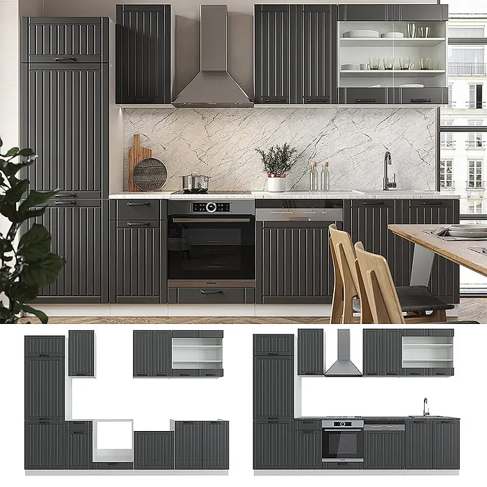 Vicco Küchenzeile Fame-Line Anthrazit Landhaus/Weiß, AP Eiche - Breite: 300 cm, Anthrazit Landhaus, Ohne Elektrogeräte - Dunkelgraue, geriffelte Küchenschränke mit integrierten Geräten und Marmorrückwand.