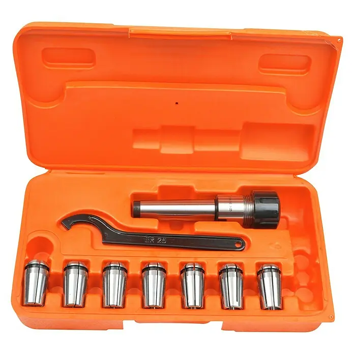 Rotwerk Spannzangen-Set - 9 -tlg. - Ein orangefarbener Koffer mit einem ER25-Spannzangenfutter, Spannzangen und einem Schraubenschlüssel. Das Set ist ideal für Fräsmaschinen und Drehmaschinen.