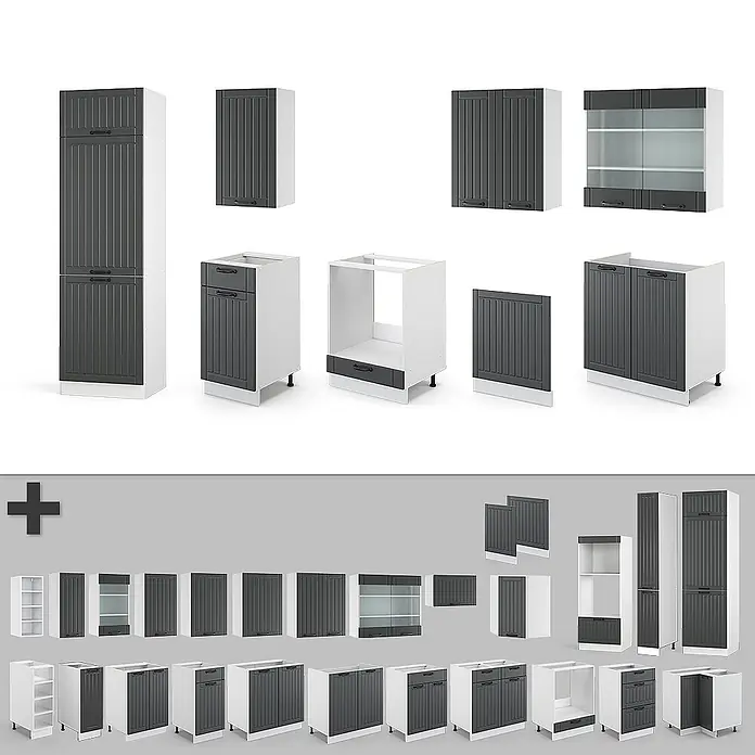 Vicco Küchenzeile Fame-Line Anthrazit Landhaus/Weiß, AP Eiche - Breite: 300 cm, Anthrazit Landhaus, Ohne Elektrogeräte - Modulare Küchenschränke mit weißen Rahmen und dunkelgrauen Lamellentüren, inklusive Unter-, Ober- und Hochschränke, teils mit Glas.