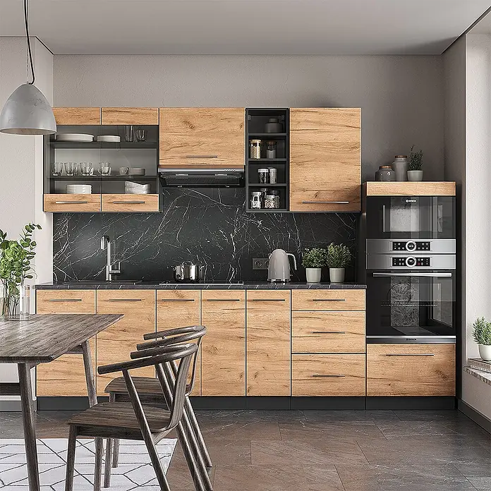 Vicco Küchenzeile Fame-Line Goldkraft Eiche/Anthrazit ohne Arbeitsplatte - Breite: 280 cm, Goldkraft Eiche, Ohne Elektrogeräte - Moderne Küche mit hellen Holzschränken, schwarzer Marmor-Rückwand und Einbaugeräten. Inklusive Essbereich.