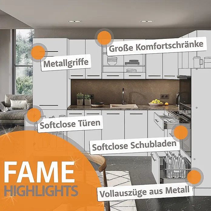 Vicco Küchenzeile Fame-Line Goldkraft Eiche/Anthrazit, AP Marmor - Breite: 235 cm, Goldkraft Eiche, Ohne Elektrogeräte - Moderne graue Küche mit dunklen Metallgriffen, Softclose-Türen und -Schubladen sowie Vollauszügen aus Metall.