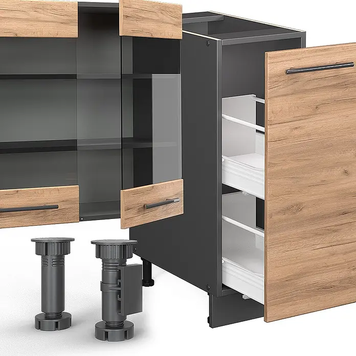 Vicco Küchenzeile Fame-Line Goldkraft Eiche/Anthrazit ohne Arbeitsplatte - Breite: 280 cm, Goldkraft Eiche, Ohne Elektrogeräte - Modulares Küchenschrank-Set mit dunkelgrauen Rahmen, hellen Holzfronten, Glastüren, Auszügen und verstellbaren Kunststofffüßen.
