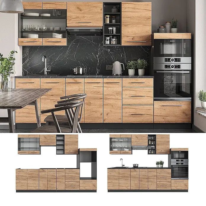 Vicco Küchenzeile Fame-Line Goldkraft Eiche/Anthrazit ohne Arbeitsplatte - Breite: 280 cm, Goldkraft Eiche, Ohne Elektrogeräte - Moderne Küchenzeile mit hellen Holzfronten, schwarzer Marmor-Arbeitsplatte und integrierten Geräten.