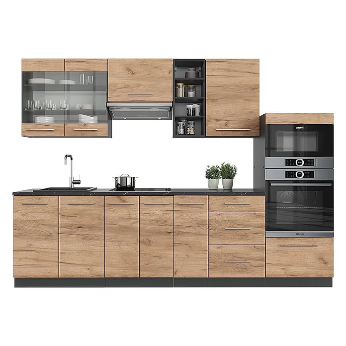 Vicco Küchenzeile Fame-Line Goldkraft Eiche/Anthrazit ohne Arbeitsplatte - Breite: 280 cm, Goldkraft Eiche, Ohne Elektrogeräte - Moderne Küche mit hellen Holzoptikschränken, schwarzer Arbeitsplatte, Spüle, Kochfeld, Einbauofen und Mikrowelle.