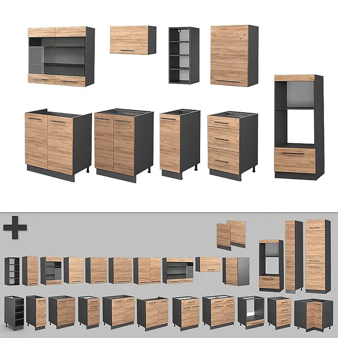 Vicco Küchenzeile Fame-Line Goldkraft Eiche/Anthrazit ohne Arbeitsplatte - Breite: 280 cm, Goldkraft Eiche, Ohne Elektrogeräte - Set von Küchenschränken mit heller Holzoptik-Front und dunkelgrauen Rahmen, darunter Wand-, Unter- und Hochschränke.