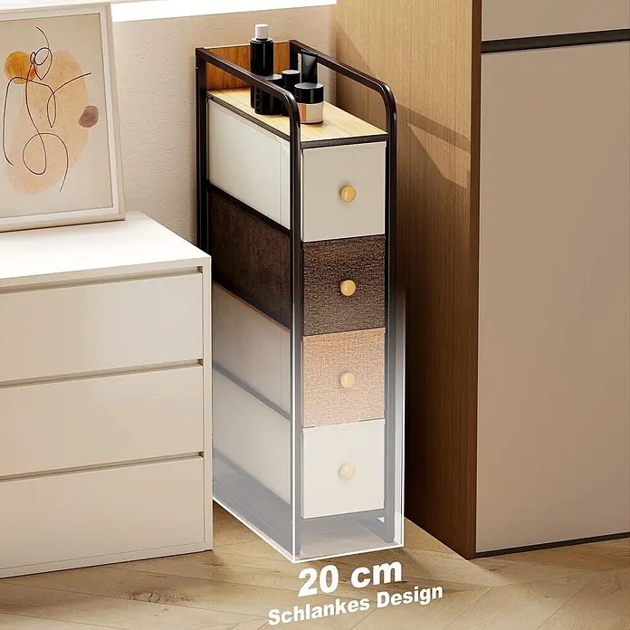 Homcom Kommode 1-teilig - L x B x H: 20 x 47 x 84,5 cm, Mehrfarbig, Anzahl Schubladen: 4 Stk. - Schmales, 20 cm breites Aufbewahrungsregal mit schwarzem Metallrahmen, Holzplatte und Stoffschubladen in verschiedenen Brauntönen, platziert in einem engen Raum.
