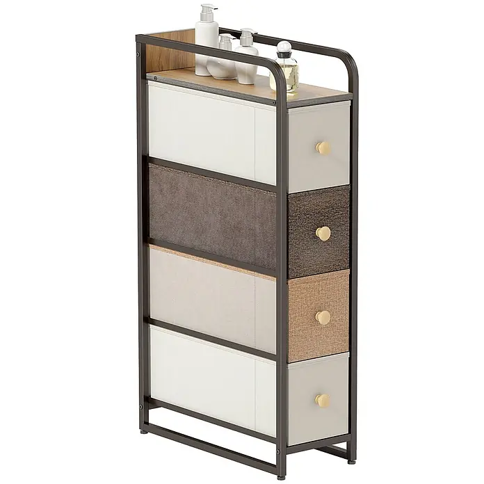 Homcom Kommode 1-teilig - L x B x H: 20 x 47 x 84,5 cm, Mehrfarbig, Anzahl Schubladen: 4 Stk. - Schmales Metallgestell-Lagerregal mit Holzplatte und mehrfarbigen Stoffschubladen mit Holzknöpfen.