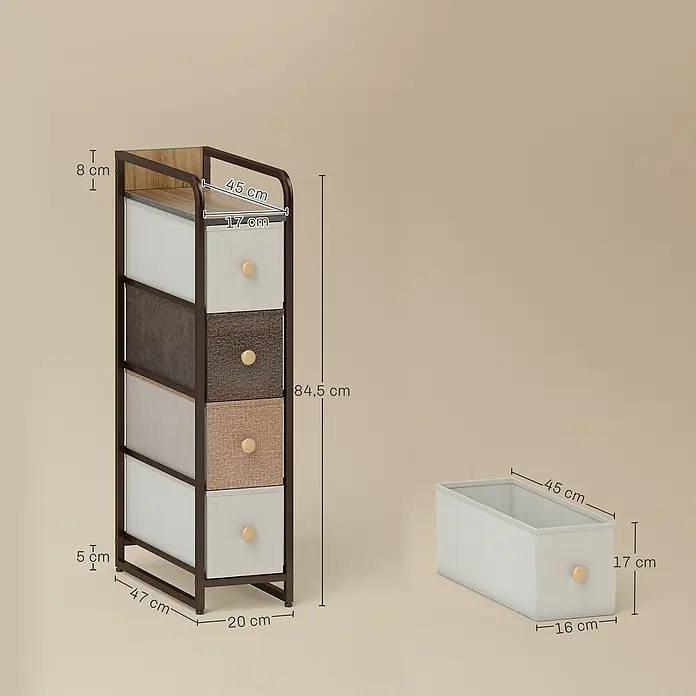 Homcom Kommode 1-teilig - L x B x H: 20 x 47 x 84,5 cm, Mehrfarbig, Anzahl Schubladen: 4 Stk. - Schmaler Kommode mit 4 Stoffschubladen, Metallrahmen, Holzplatte und Maßen. Eine Schublade ist separat gezeigt.