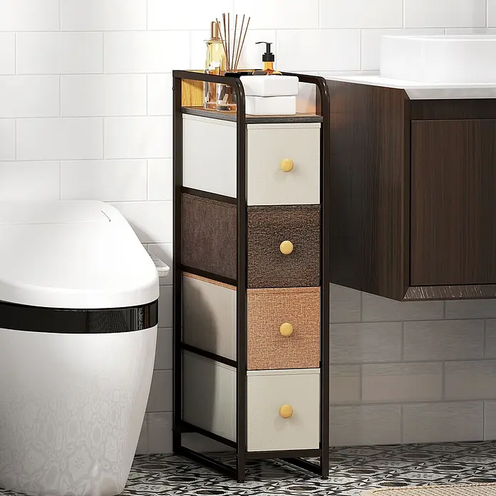Homcom Kommode 1-teilig - L x B x H: 20 x 47 x 84,5 cm, Mehrfarbig, Anzahl Schubladen: 4 Stk. - Schlanker dunkler Metallschrank mit vier mehrfarbigen Stoffschubladen und Holzplatte im Badezimmer.