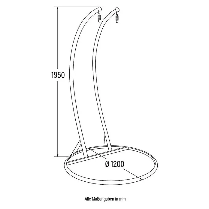 Home Deluxe Hängesesselgestell Gestell TORUS - Stahl, Schwarz - Strichzeichnung eines Doppel-Hängesesselständers, 1950 mm hoch, 1200 mm Basisdurchmesser.