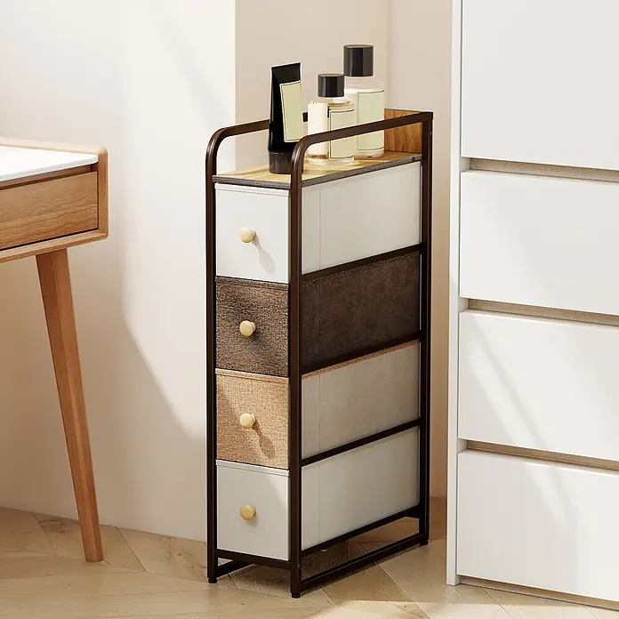 Homcom Kommode 1-teilig - L x B x H: 20 x 47 x 84,5 cm, Mehrfarbig, Anzahl Schubladen: 4 Stk. - Schmales Regal mit dunklem Metallrahmen, Holzplatte und mehrfarbigen Stoffschubladen im Schlafzimmer.