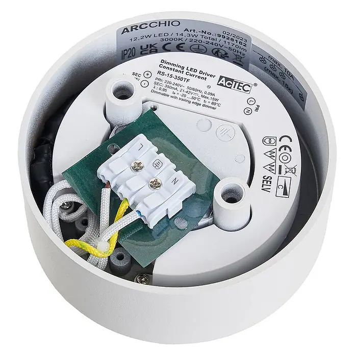 Arcchio Deckenleuchte Rotari - L x B x H: 12 x 12 x 6,9 cm, weiß / opal, weiß / opal - Innenansicht einer weißen LED-Downlight mit dimmbarem LED-Treiber und Verkabelung.