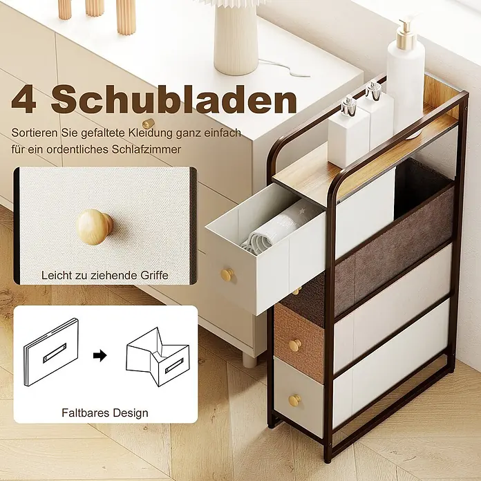 Homcom Kommode 1-teilig - L x B x H: 20 x 47 x 84,5 cm, Mehrfarbig, Anzahl Schubladen: 4 Stk. - Braunes Metallregal mit 4 farbigen Stoffschubladen, Holzknöpfen. Faltbares Design zur Kleideraufbewahrung im Schlafzimmer.