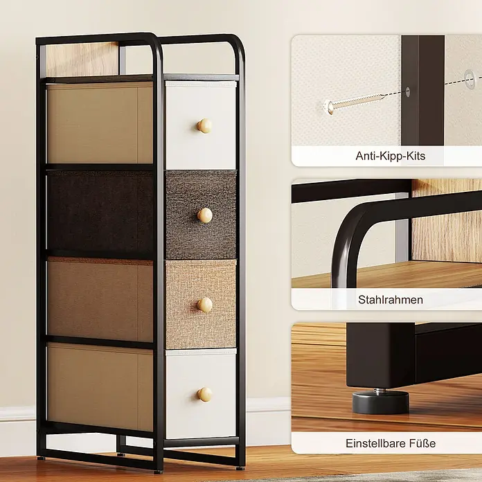 Homcom Kommode 1-teilig - L x B x H: 20 x 47 x 84,5 cm, Mehrfarbig, Anzahl Schubladen: 4 Stk. - Schmale Kommode mit schwarzem Stahlrahmen, 10 Stoffschubladen in Erdtönen und Weiß, Holzgriffen.