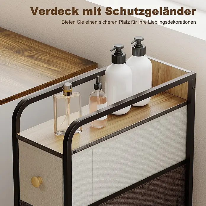 Homcom Kommode 1-teilig - L x B x H: 20 x 47 x 84,5 cm, Mehrfarbig, Anzahl Schubladen: 4 Stk. - Zweistöckiges Regal mit Holzablagen, Metallrahmen und Stoffschubladen, bestückt mit Flaschen und Parfüm. Mit Schutzgeländer.