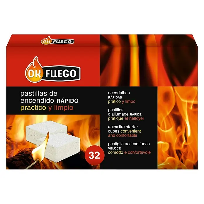 Ok Fuego Pastillas de encendido rápido - 32 ud. - La imagen muestra un paquete de encendedores OK Fuego etiquetados como "rápidos, prácticos y limpios", destacando la cuenta de 32 piezas.