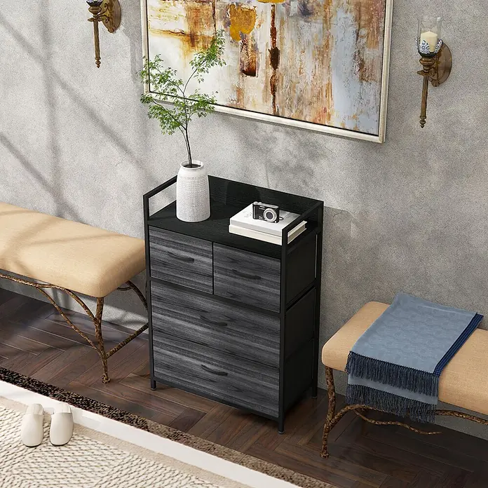 Homcom Kommode 1-teilig - L x B x H: 60 x 29 x 85 cm, Schwarz, grau, Anzahl Schubladen: 4 Stk. - Eine schwarzgerahmte graue Kommode mit Holzmaserungsschubladen steht in einem Raum und bietet stilvollen Stauraum.