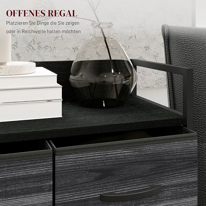 Homcom Kommode 1-teilig - L x B x H: 60 x 29 x 85 cm, Schwarz, grau, Anzahl Schubladen: 4 Stk. - Dunkelgraues offenes Regal mit Holzmaserung, darunter Aufbewahrungsschubladen. Ideal zum Präsentieren und Greifbarhalten von Gegenständen.