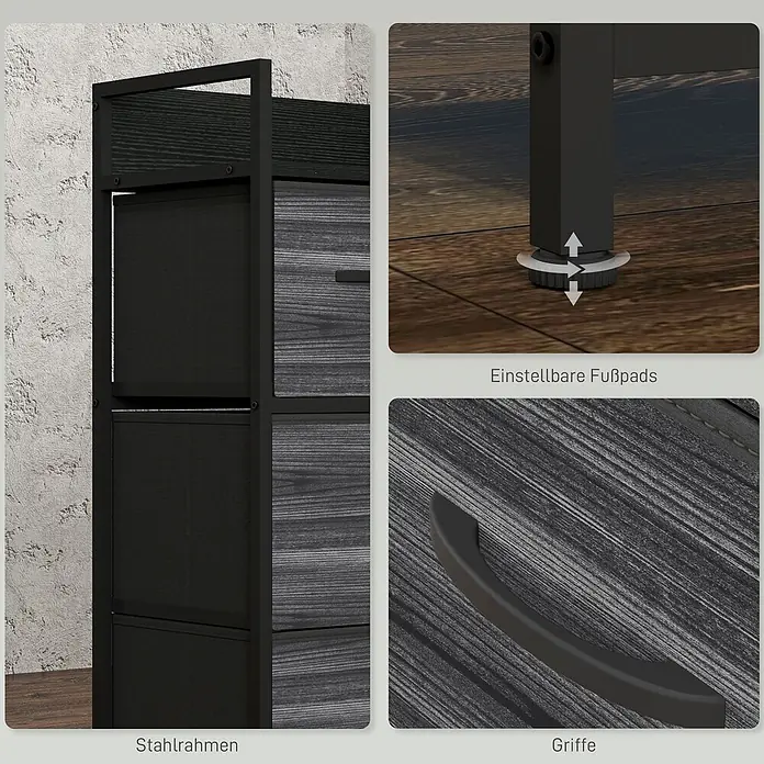 Homcom Kommode 1-teilig - L x B x H: 60 x 29 x 85 cm, Schwarz, grau, Anzahl Schubladen: 4 Stk. - Dunkelgraue Stoff-Kommode mit Stahlrahmen und Holzoptik-Schubladenfronten. Verstellbare Füße und schwarze Griffe.