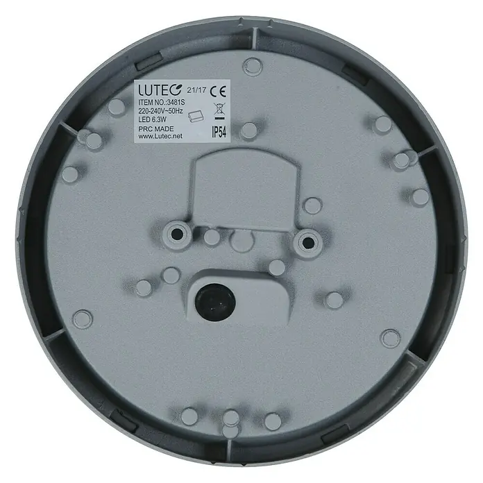 Lutec Aplique exterior LED Ublo - 7,5 W, 4,5 x 19,3 x 19,3 cm, Plateado, Opal, IP54 - Primer plano de la parte trasera gris de una lámpara LuteC, que muestra detalles como el número de modelo y la clasificación IP54.