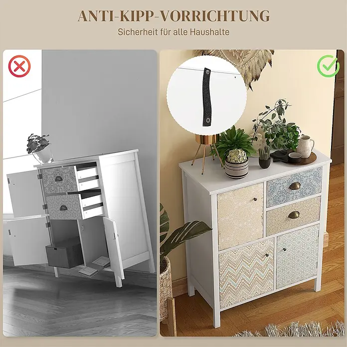 Homcom Kommode 1-teilig - Weiß/bunt, Anzahl Schubladen: 2 Stk. - Weißer Schrank mit gemusterten Schubladen und Türen, zeigt eine Kippsicherung.
