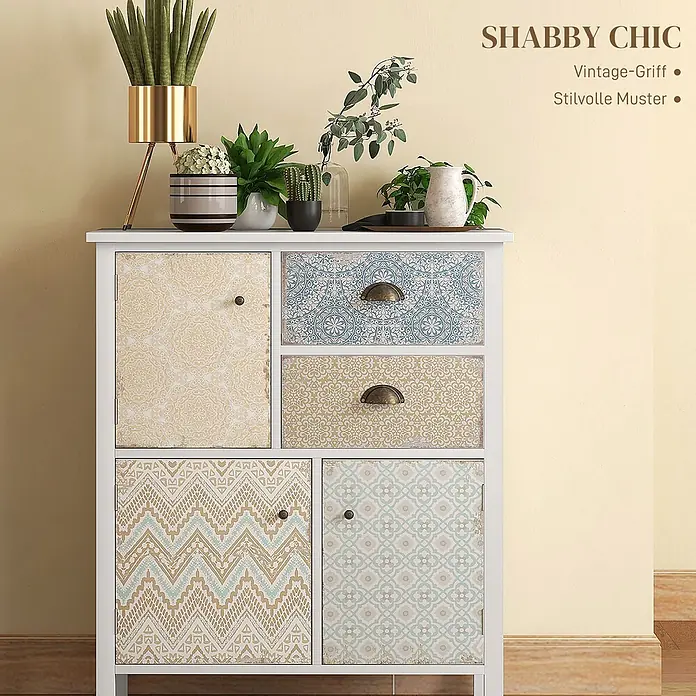 Homcom Kommode 1-teilig - Weiß/bunt, Anzahl Schubladen: 2 Stk. - Weißer Shabby-Chic-Schrank mit gemusterten Türen und Schubladen, als dekoratives Aufbewahrungsmöbel.