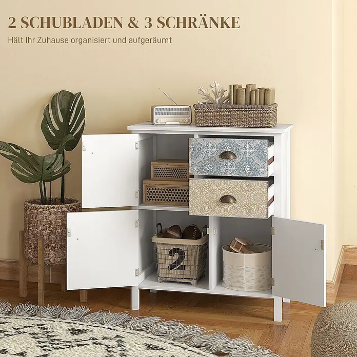 Homcom Kommode 1-teilig - Weiß/bunt, Anzahl Schubladen: 2 Stk. - Weißer Aufbewahrungsschrank mit 2 gemusterten Schubladen und 3 Fächern, zur Organisation von Haushaltsgegenständen.