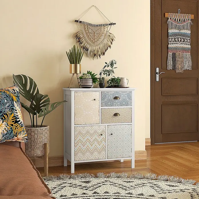 Homcom Kommode 1-teilig - Weiß/bunt, Anzahl Schubladen: 2 Stk. - Weißer Aufbewahrungsschrank mit gemusterten Türen und Schubladen, mit geometrischen und floralen Designs.