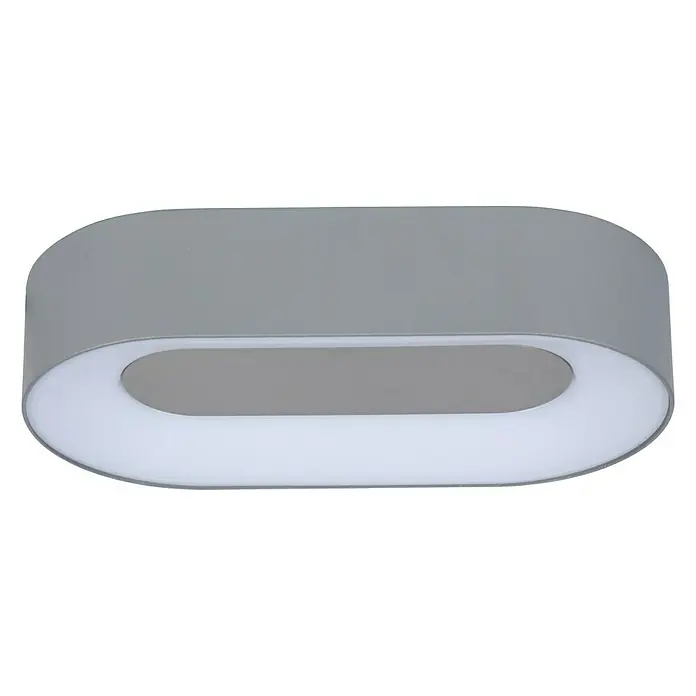 Lutec Aplique exterior LED Ublo - 7,5 W, 4,5 x 21,3 x 1,13 cm, Plateado, Opal, IP54 - Primer plano de una lámpara de techo LED ovalada gris con una suave luz blanca, perfecta para interiores contemporáneos.