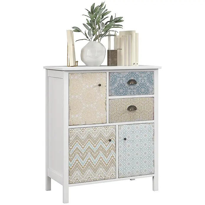 Homcom Kommode 1-teilig - Weiß/bunt, Anzahl Schubladen: 2 Stk. - Weißes Sideboard mit drei Türen und zwei Schubladen, jede mit unterschiedlichen Mustern in Blau, Beige und Weiß, mit Metallgriffen.