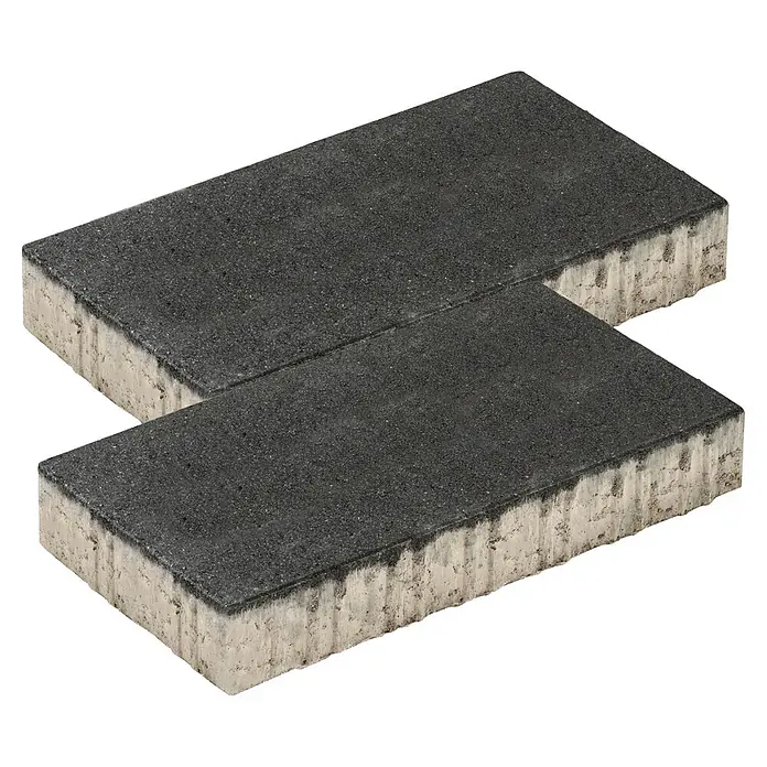 Diephaus Pflastersteinmuster Lincoln - Basalt Glimmer - Zwei dunkelgraue Asphaltpflastersteine mit rauen, hellgrauen Seiten, leicht versetzt gestapelt.