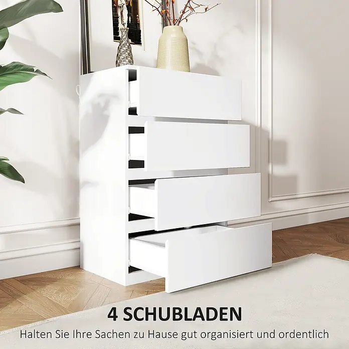Homcom Kommode 1-teilig - L x B x H: 55 x 33 x 80 cm, Weiß, Anzahl Schubladen: 4 Stk. - Weiße Kommode mit vier teilweise geöffneten Schubladen, die organisierten Stauraum in einem modernen Raum bietet.
