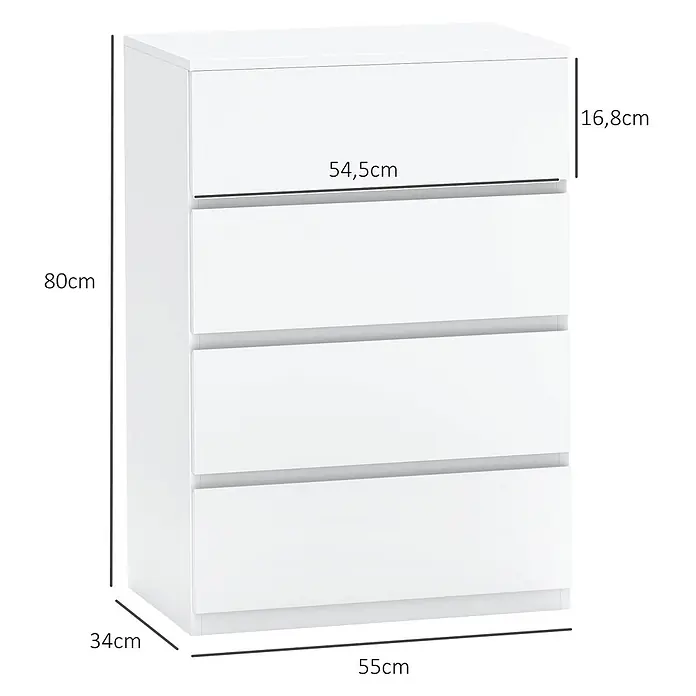 Homcom Kommode 1-teilig - L x B x H: 55 x 33 x 80 cm, Weiß, Anzahl Schubladen: 4 Stk. - Moderne weiße Kommode mit vier grifflosen Schubladen, Maße angezeigt.