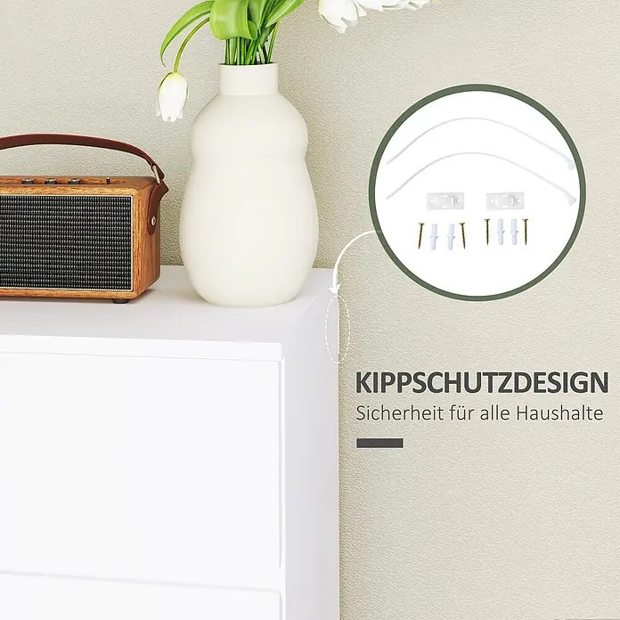Homcom Kommode 1-teilig - L x B x H: 55 x 33 x 80 cm, Weiß, Anzahl Schubladen: 4 Stk. - Weißer Schrank mit Kippschutz-Hardware, der Sicherheit im Haushalt betont. Inkl. Gurte, Halterungen, Schrauben und Dübel.