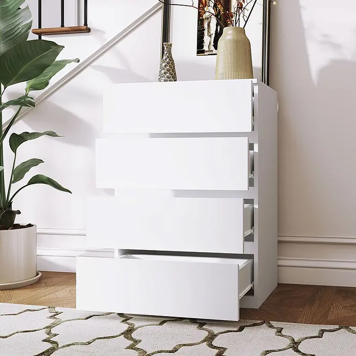 Homcom Kommode 1-teilig - L x B x H: 55 x 33 x 80 cm, Weiß, Anzahl Schubladen: 4 Stk. - Weißer Kommode mit 4 Schubladen, die untere Schublade ist leicht geöffnet, ideal für Flur oder Schlafzimmer.