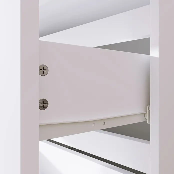 Homcom Kommode 1-teilig - L x B x H: 55 x 33 x 80 cm, Weiß, Anzahl Schubladen: 4 Stk. - Geöffnete weiße Schublade mit sichtbaren silbernen Kreuzschlitzschrauben und einem Schubladenführungsmechanismus.