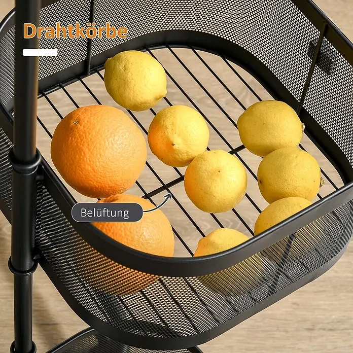 Homcom Kommode 1-teilig - L x B x H: 33 x 33 x 77 cm, Schwarz - Schwarzer Metall-Drahtkorb für Obst, gefüllt mit Orangen und Zitronen, für Belüftung konzipiert.