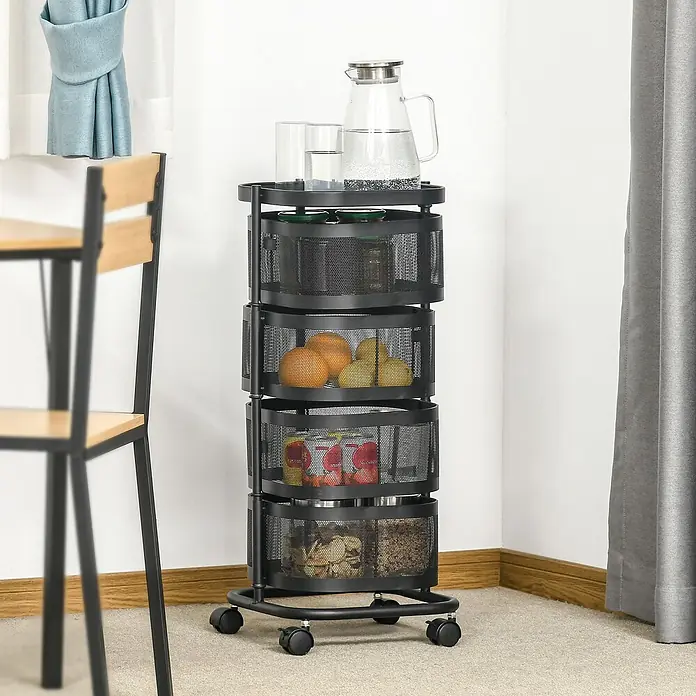 Homcom Kommode 1-teilig - L x B x H: 33 x 33 x 77 cm, Schwarz - Ein schwarzer, mehrstufiger Rollwagen mit drehbaren Gitterkörben auf Rollen, gefüllt mit Gegenständen, steht in einer Raumecke.