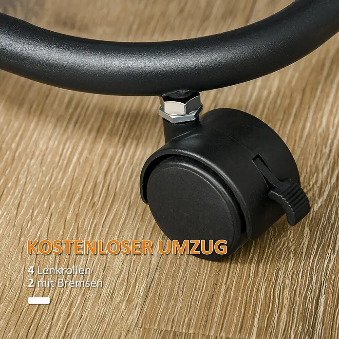 Homcom Kommode 1-teilig - L x B x H: 33 x 33 x 77 cm, Schwarz - Schwarze Lenkrolle mit sichtbarer Bremsfunktion, befestigt an einem schwarzen Metallrahmen.